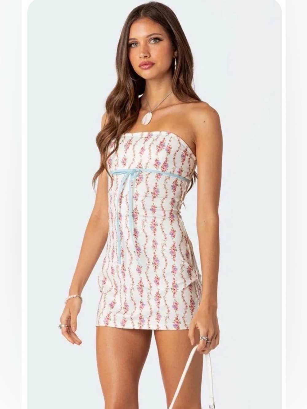 Edikted Floral Strapless Mini Dress Blue Pink Size S NWT
